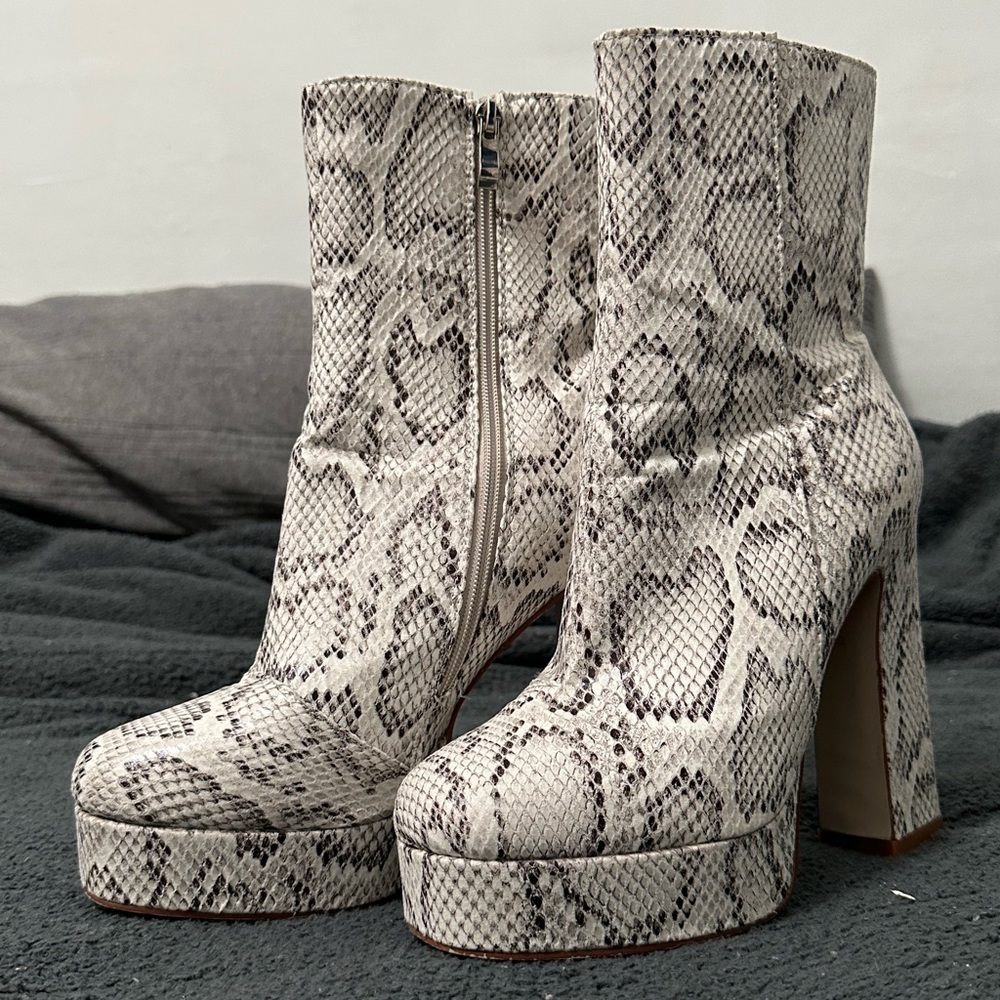 PRETTYLITTLETHING snake platform ankle boots